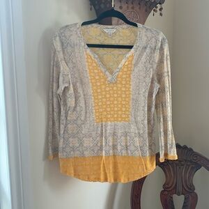 Lucky Brand‎ Yellow/Gray/Beige Floral Print V-Neck Casual L/S Boho Top Size S